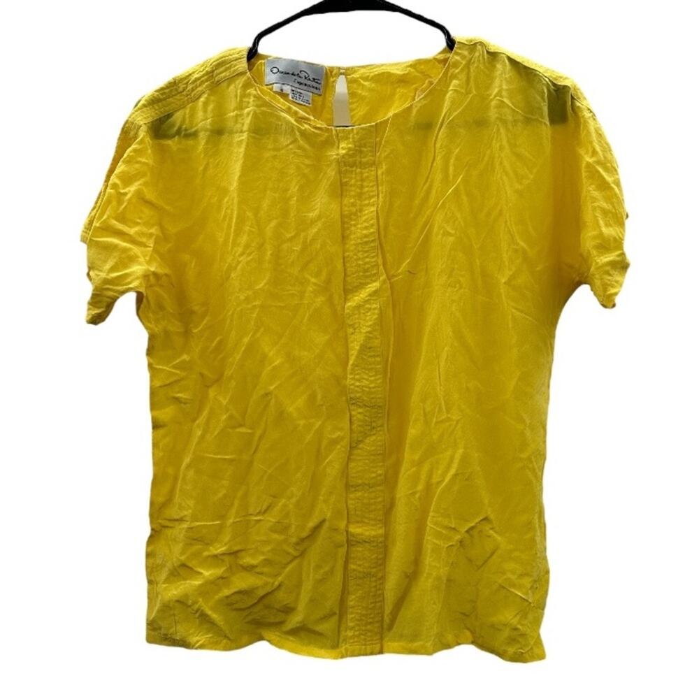 Oscar de la Renta 100% Silk Yellow Short Sleeve Semi Sheer Top Size 4